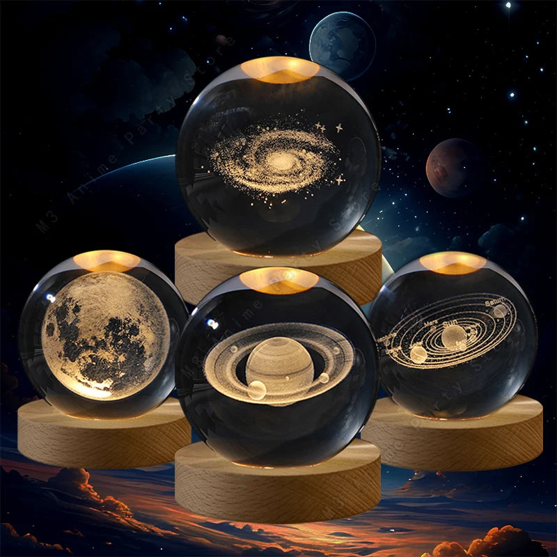 3D Crystal Ball Night Light - Laser Engraved Moon & Galaxy Glass Sphere with Wooden LED Base Mix Random Design