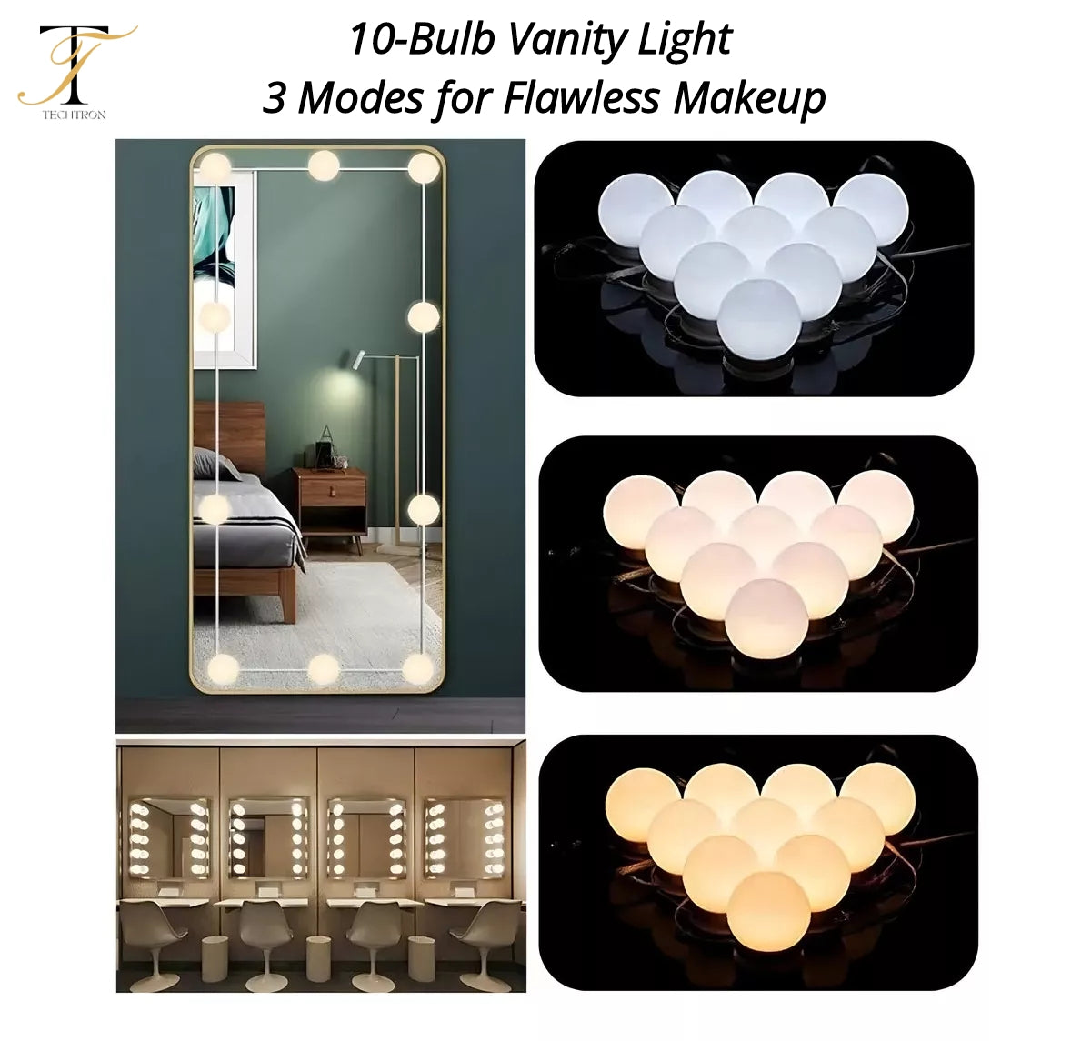 Hollywood Style 10-Bulb Vanity Mirror Lights – 3 Color Modes & Dimmable LED Lighting