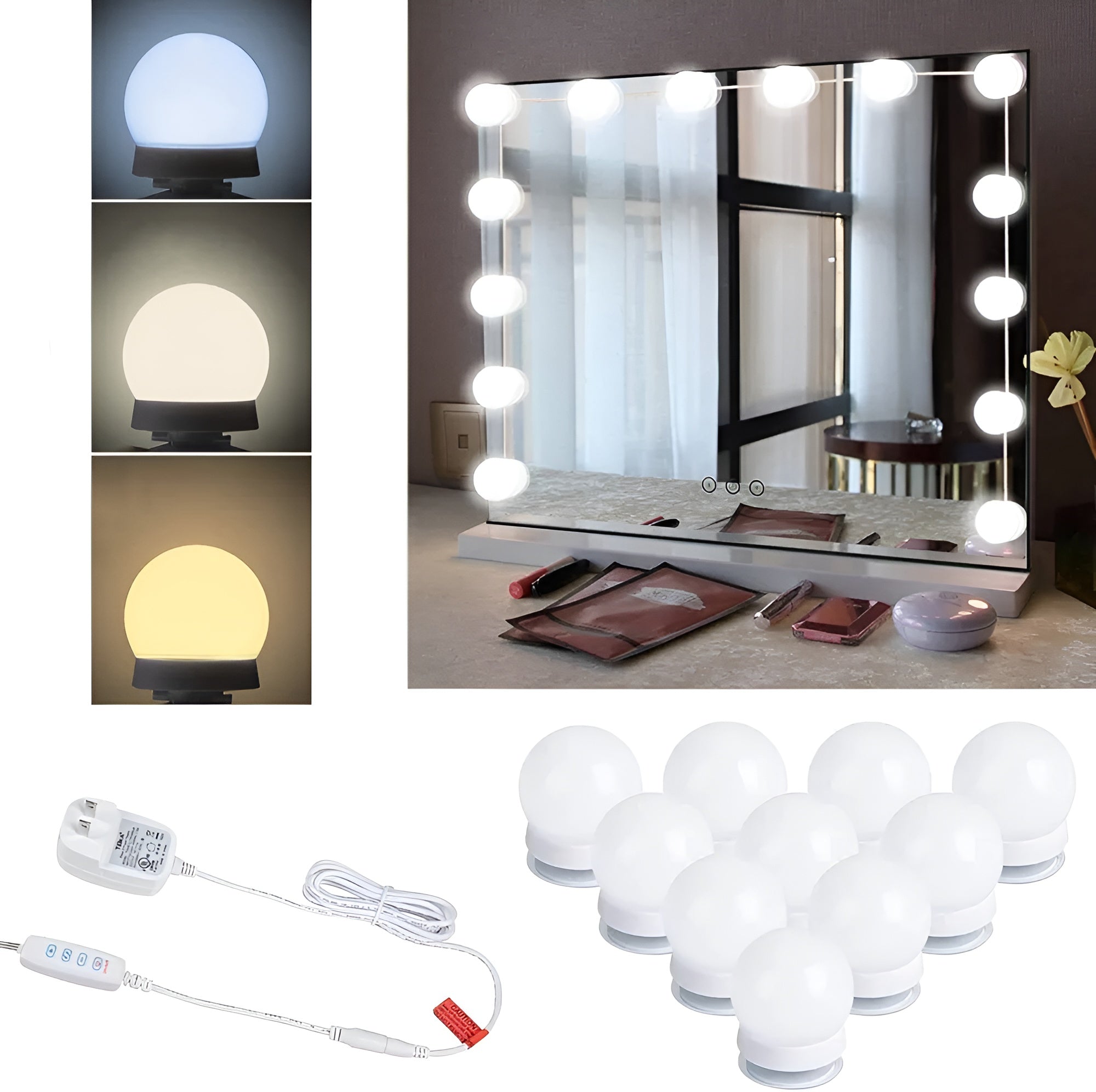Hollywood Style 10-Bulb Vanity Mirror Lights – 3 Color Modes & Dimmable LED Lighting