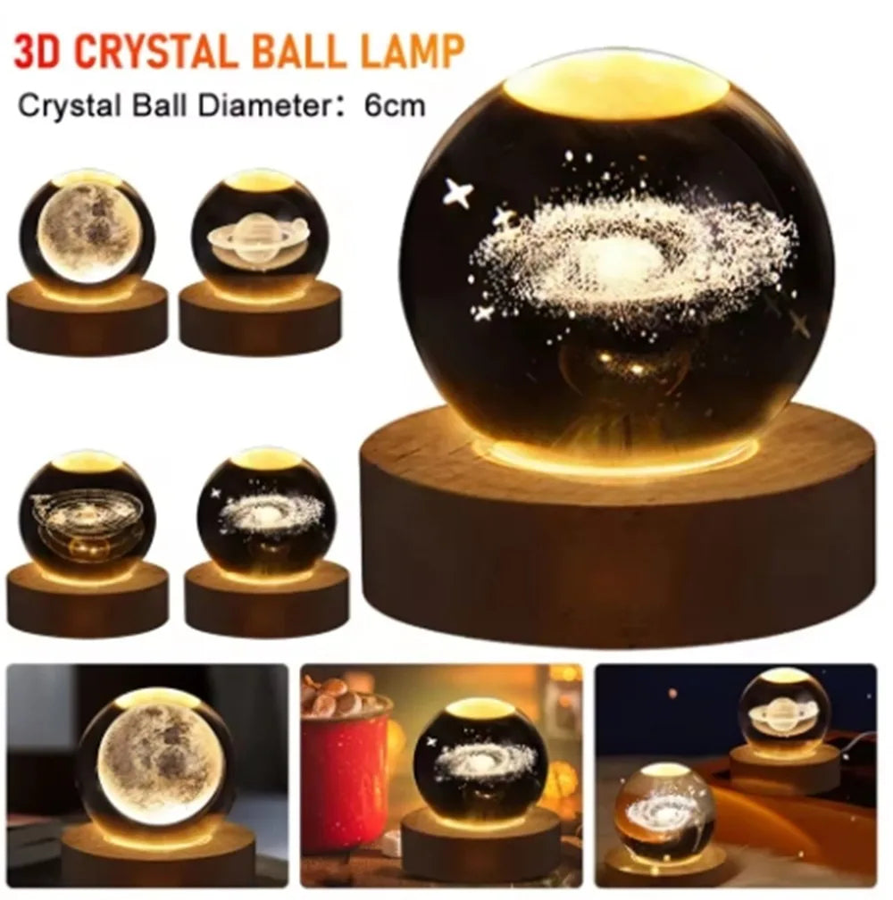 3D Crystal Ball Night Light - Laser Engraved Moon & Galaxy Glass Sphere with Wooden LED Base Mix Random Design