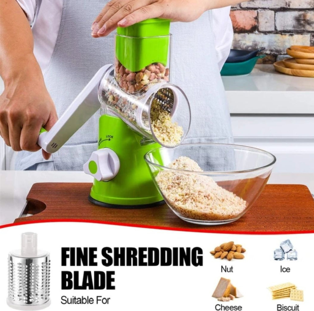 3-in-1 Multi-Functional Rotary Drum Grater & Vegetable Slicer - Manual Kitchen Grinder for Cheese, Nuts & Veggies