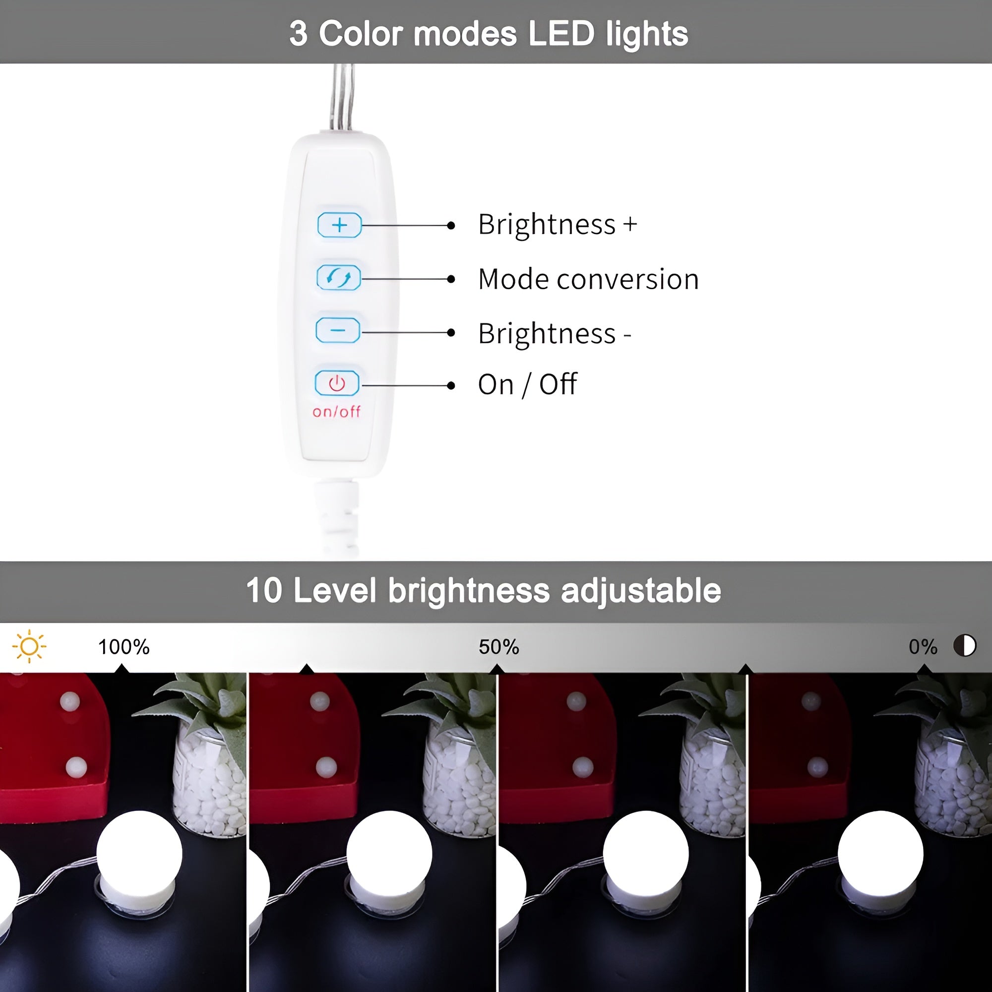Hollywood Style 10-Bulb Vanity Mirror Lights – 3 Color Modes & Dimmable LED Lighting