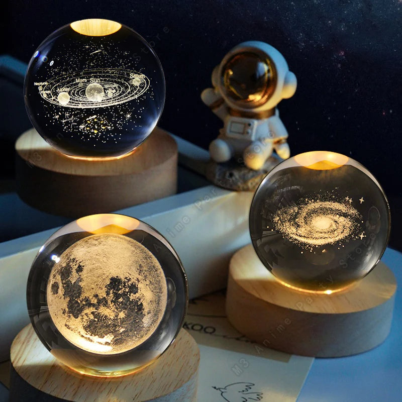 3D Crystal Ball Night Light - Laser Engraved Moon & Galaxy Glass Sphere with Wooden LED Base Mix Random Design