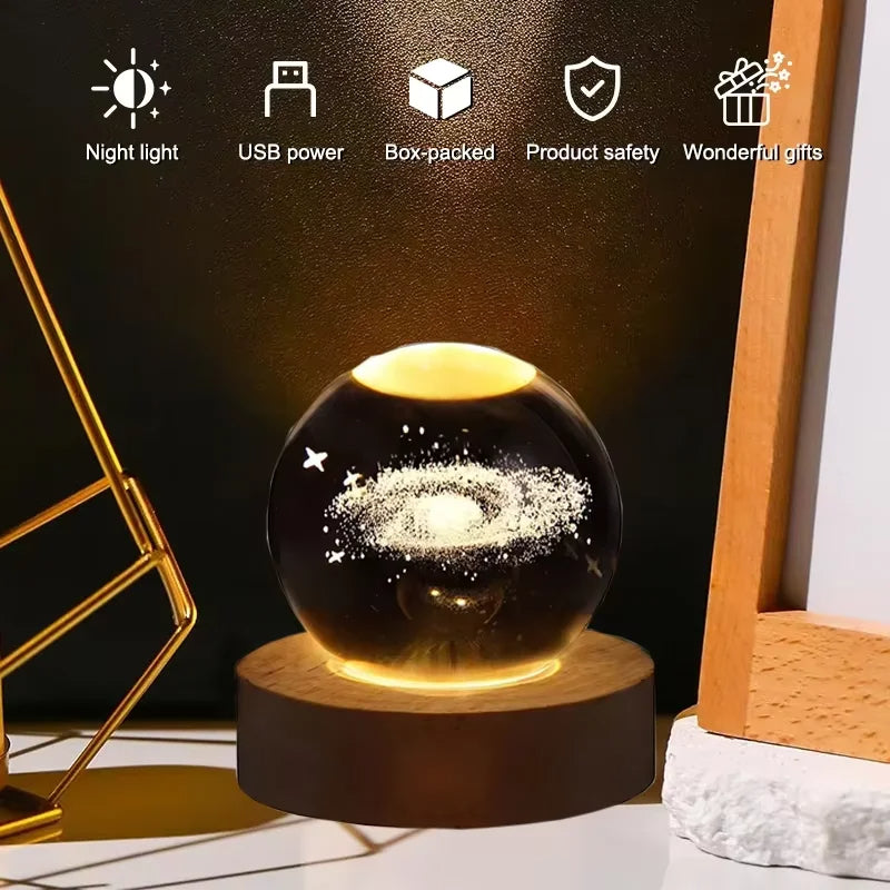 3D Crystal Ball Night Light - Laser Engraved Moon & Galaxy Glass Sphere with Wooden LED Base Mix Random Design