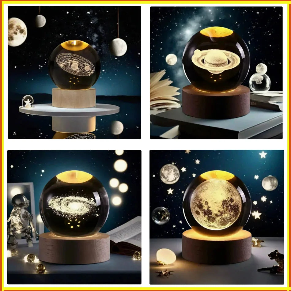 3D Crystal Ball Night Light - Laser Engraved Moon & Galaxy Glass Sphere with Wooden LED Base Mix Random Design
