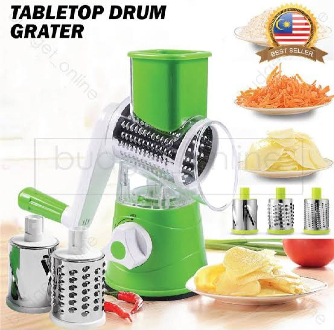 3-in-1 Multi-Functional Rotary Drum Grater & Vegetable Slicer - Manual Kitchen Grinder for Cheese, Nuts & Veggies