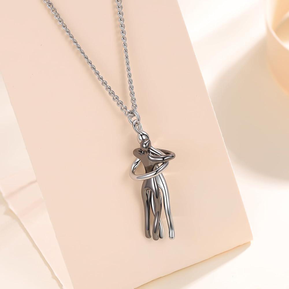 Unisex Couple Hug Pendant Necklace - Romantic Stainless Steel Jewelry Gift for Men & Women