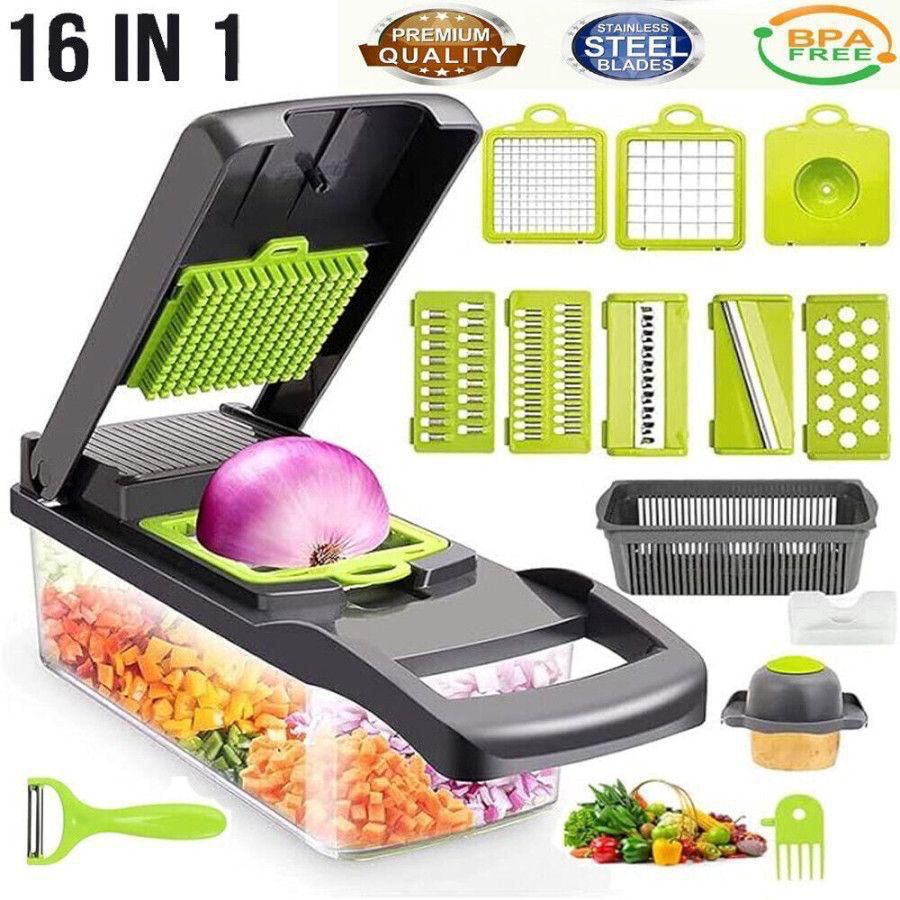 16-in-1 Professional Vegetable Chopper & Mandoline Slicer with Large Container – Heavy Duty Veggie Cutter