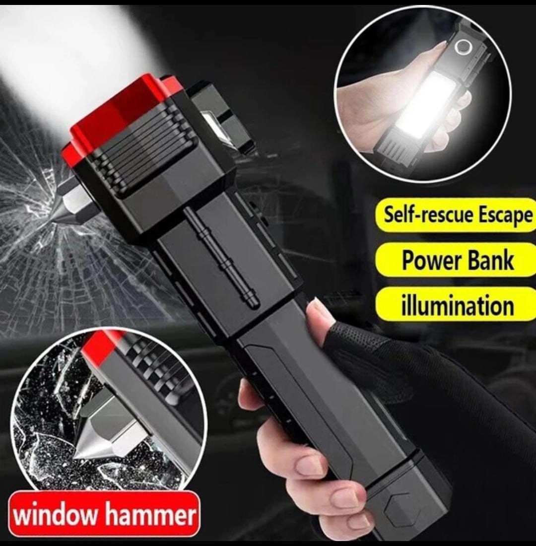 8-in-1 Emergency LED Flashlight – Rechargeable Tactical Torch with Window Breaker & Seatbelt Cutter